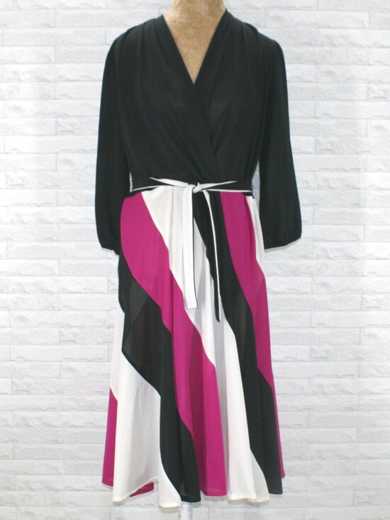 Vintage Dresses & Skirts - VINTAGE Dress Midi Colorblock Cross Over Striped Skirt Black Pink Plus Size 16